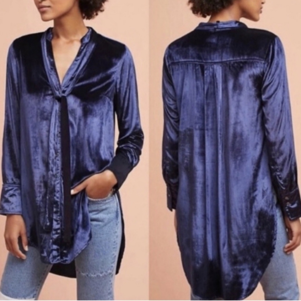Anthropologie MAEVE Button Down Tunic Top Crushed Velvet Velour Navy Size 6